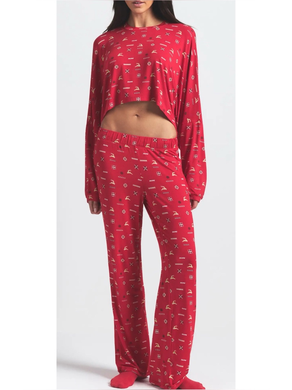 SKIMS Christmas Pajama PANTS ONLY in Cranberry Vintage Deer Print Modal ~ M